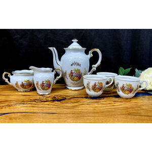 Vintage 7 Piece Porcelain Gold Edged Tea Set Courting Love Scene